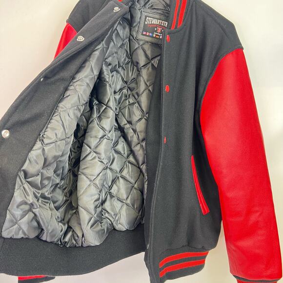 Stewart And Strauss Large Vintage Varsity Jacket Red Black Wool Leather Sleeves - Picture 9 of 10